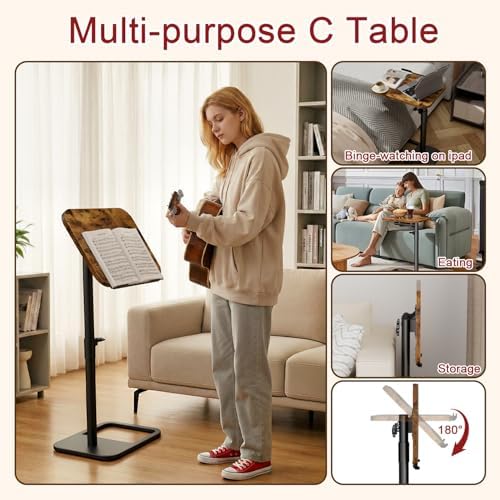 Tv Tray Table Adjustable Height Couch Side Table, Tilt Angle Adjustments-360° Swivel/180° Flip-Over Panel C-Shaped End Table With Tablet Slot, Computer Desk for Chair, Living Room (Rustic Brown)