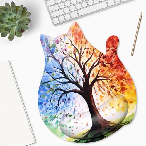 Ergonomic Mouse Pad with Wrist Rest, Cute Cat Memory Foam Padded Pain Relief Non-slip Wrist Support Mouse Mat for Gaming Work Computer Laptop, Funny Office Supplies Desk Accessory, Tree of Life