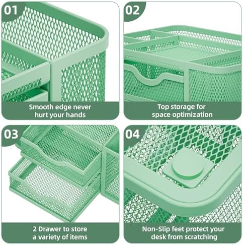 Marbrasse Mesh Desk Organizer, Pen Organizer with 2 Drawer, Multi-Functional Pencil Holder, Desk Organizers and Accessories with 5 Compartments + Drawer for Office Art Supplies (Green)