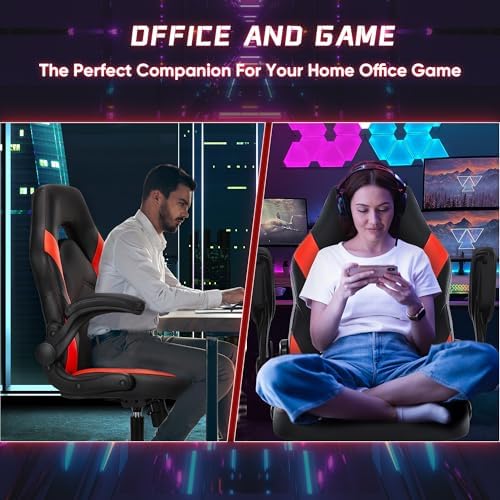 NEWBULIG Gaming Office Computer Chair – Ergonomic Mid-Back with Flip-Up Armrests, Adjustable Height, Lumbar Support & 360° Silent Swivel Wheels, PU Leather for Home/Office, Red