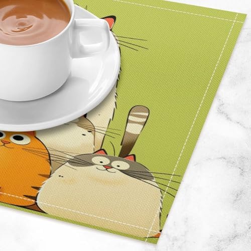 Cute Cats Family Cartoon Linen Placemats Set of 4PCS, Heat Resistant Non-Slip Washable Table Placemats for Dining Everyday Use Hotel Banquet Home Decor