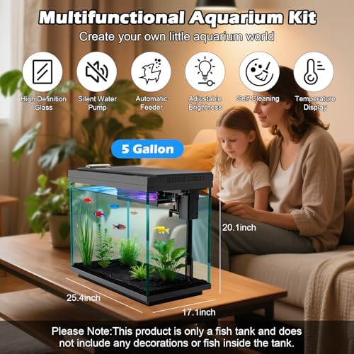 Smart Aquarium 5 Gallon Glass Fish Tank with Silent Water Pump, Self Cleaning System Efficiency Filter 7-Color LED Lights Automatic Feeder Temperature Display HD Glass, Smart Control with App, Black