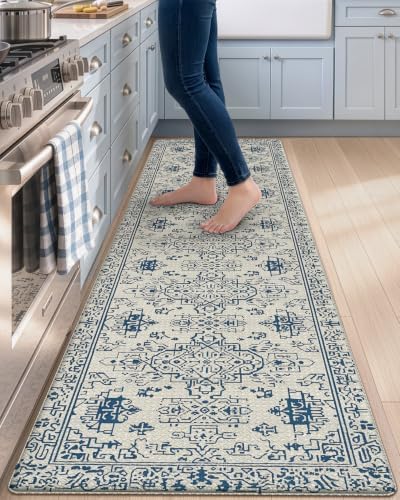 DEXI Kitchen Floor Mats Cushioned Anti Fatigue Runner Rug Blue and White