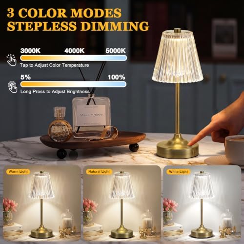 Bronze Cordless Rechargeable Table Lamp, Touch Battery Powered Lamp, 3 Color Modes, Crystal Acrylic Lampshade, Portable Ambient Night Light for Desk, Bedroom, Living Room, Dining Room, Kitchen, Bar
