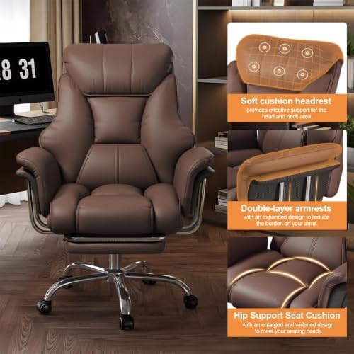 Big and Tall Office Chair 550 lbs Extra Wide Leather Executive Chair with Retractable Footrest, Heavy-Duty Ergonomic Chair, Adjustable Height Computer Gaming Chairs