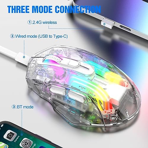 HXMJ-Wireless Gaming Mice with Transparent Crystal Shell,Tri-Modes (USB Wired+2.4G Wireless+Bluetooth),Silent Click,RGB Backlit-White