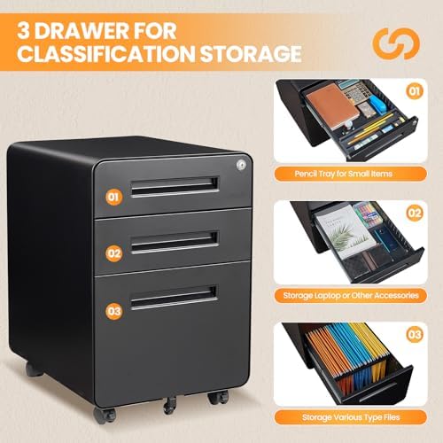 3 Drawer File Cabinet, Fully Assembled Mobile File Cabinets with Lock for Home Office, Metal Rolling Filing Caninet on Wheels, Three Drawer Under Desk Cabnet for Letter/Legal / A4 - Black