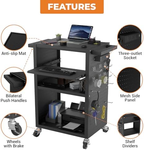 Mobile AV Cart with Pullout Keyboard Tray, Rolling Computer Cart Height Adjustable Rolling Media Utility Cart with 4 Wheels