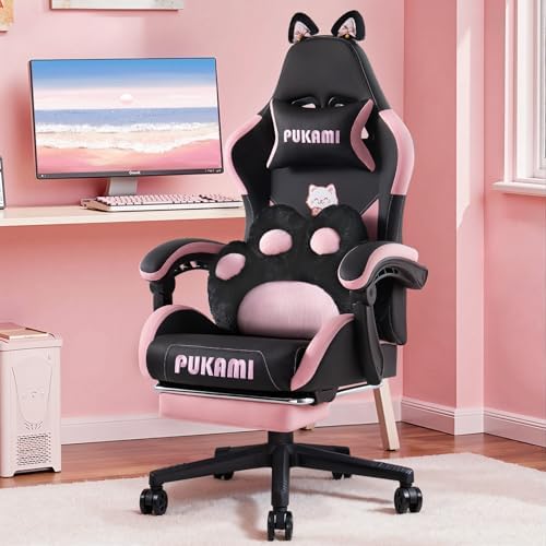 Black Gaming Chair with Cat Ears and Cat Paw Lumbar Cushion, Ergonomic Gaming Computer Desk Chair with Footrest and Linked Armrests, Comfortable Cute Cat PU Leather Game Chair for Girls and Adults