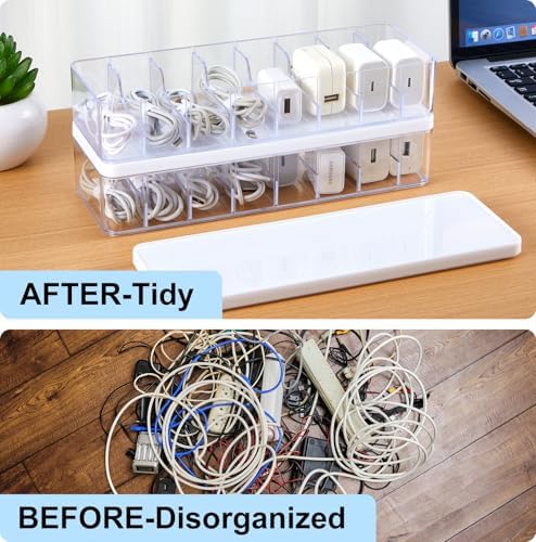 Tatuo Cord Organizer Box with Lid, Clear, White, 4 Pack