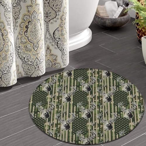 Men's Large Home Decor Mat, Soft Round Yoga Carpet, Non Slip Machine Washable Home Office Circle Rug American Flag Camouflage Hunting Deer Camo, 60inch