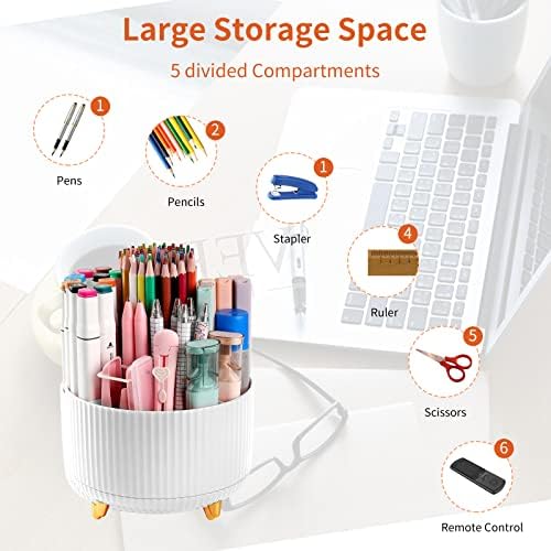 Desk Pencil Pen Holder, 5 Slots 360°Degree Rotating Pen Organizers for Desk, Desktop Storage Stationery Supplies Organizer, Cute Pencil Cup Pot for Office, School, Home, Art Supply, White