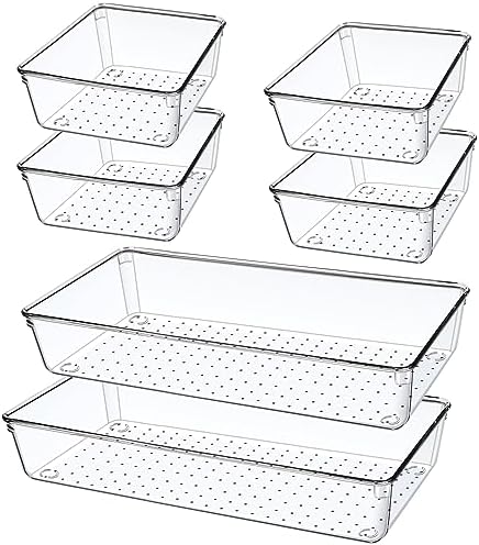 6 PCS Large Size Clear Plastic Drawer Organizer Tray, 12'' Acrylic Vanity Bathroom Drawer Organizers Trays, Desk Drawer Organizer Bins for Cosmetic, Makeup, Kitchen, Office Drawer Divider Organization