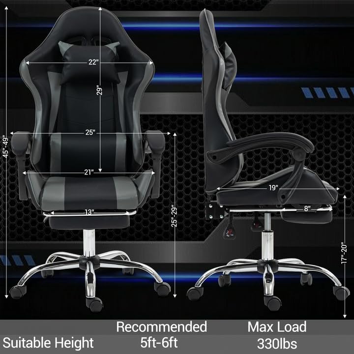 Massage Gaming Chair with Footrest，Ergonomic Video Game Chair for Adults Kids, Adjustable Headrest & Lumbar Support, 90-135° Recline, 360° Swivel, for Gaming Room Home Office Bedroom, Grey