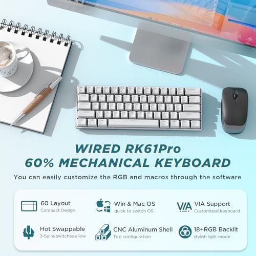 RK Royal KLUDGE RK61 Pro 60% Wired Gaming Keyboard, Hot Swappable Mechanical Keyboard with Aluminum Shell, Programmable RGB Backlit PC Game Keyboards 61 Keys, PBT Keycaps, Gateron Blue Switch, White