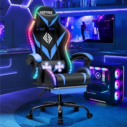 RGB Gaming Chair with Massage & Footrest Racing Style Computer Chair-Blue