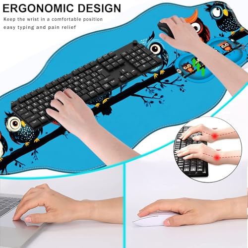 Mouse Pad with Wrist Support + Desk Mat + Coaster 3 in 1 Set, XXL Large Gaming Mousepad Ergonomic Mouse Pads for Desk Computer Laptop Office,Cute Owls on a Branch