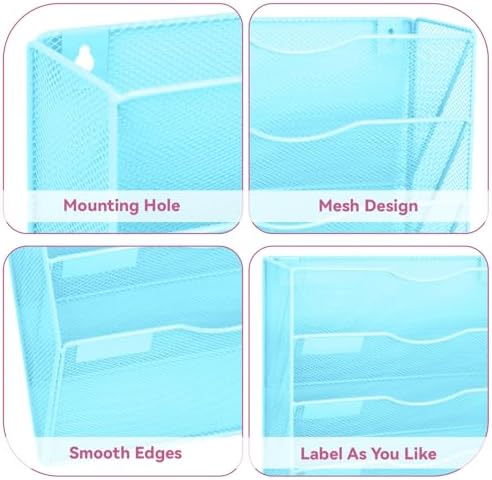 5 Pockets Mesh Wall File Holder Organizer Office Hanging File Folder Magazine Rack, Nametag Label Hooks Set Included (Blue)