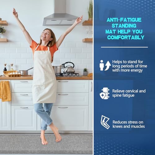 Anti Slip 7/8 inchs Anti Fatigue Kitchen Floor Mat, Ergonomic Comfort Standing Mat, Waterproof Kitchen Runner for Home, Kitchen, Office, Laundry, Garage (Light Gray, 17.3" x 95" -0.87")