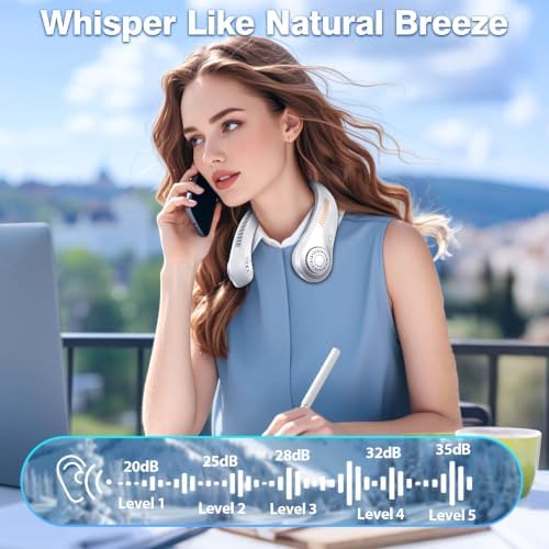Portable Neck Fan - Rechargeable Personal Fan with Neck Support, 5000mAh, 5-Speed Quiet, Lightweight Long Lasting Bladeless Fan, Wearable Cooling Fan for Hot Flashes, Travel, Gifts for Men Women