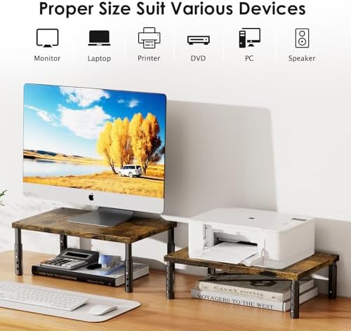 ECOLOVI Adjustable Wood Computer Monitor Stand Riser, Office Desk Organizer and Accessories for Monitor, Laptop, PC, Printer, Office Desk Accessories Workspace Organizer for Home Office Supplies, Brown
