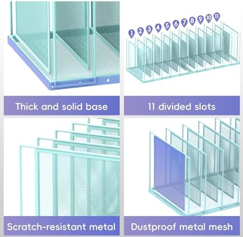 File Organizer for Desk, 11-Section Vertical File Sorter, Paper Holder Organizer Standing Metal File Folder for Office Home Classroom, Blue