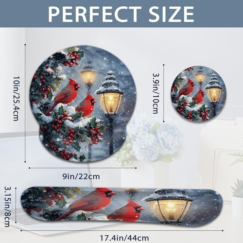 Cardinal Wrist Rest Mouse Pad and Keyboard Support Set,Berry Christmas 3 in 1 Ergonomic Memory Foam Mousepad with Non Slip Base, Gaming Mouse Pad for Office and Home