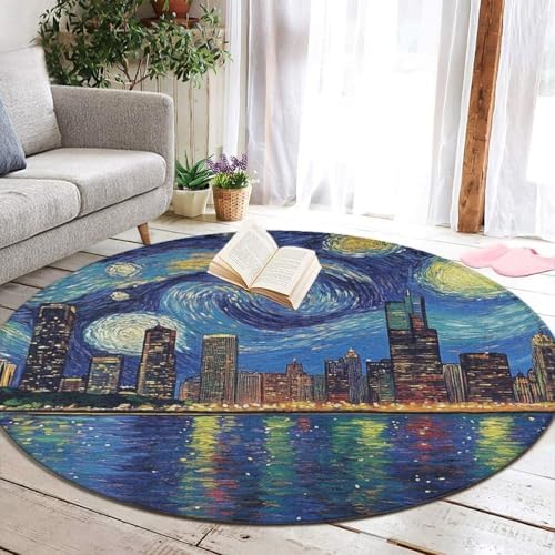 Machine Washable Modern Round Area Rug, Room Sofa Yoga Soft Round Carpet, Home Decor Non Slip Kitchen Office Circle Rug Chicago City Skyline Night View Starry Sky Painting, 36inch