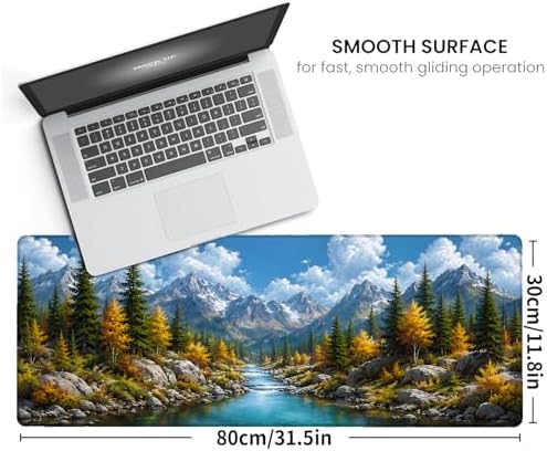 Mountain River Gaming Mouse Pad,Nature Large Desk Mat, 31.5x11.8x0.12in Extended Non-Slip Rubber Landscape Mousepad, Computer Deskmat Gifts, Laptop Mice Pads Decor for Office Home
