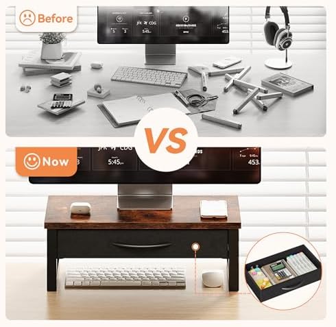 Computer Monitor Stand Riser with Drawer, 2-Tier Desk Accessories & Workspace Organizers, Laptop Stand for Desk with Storage, Office Organization, Wood