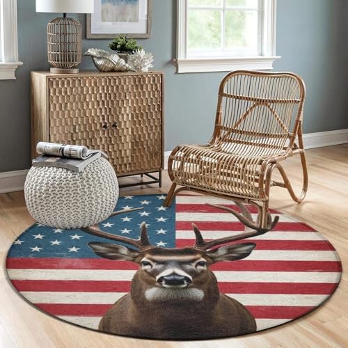 Large Home Decor Mat, Soft Round Yoga Carpet, Non Slip Machine Washable Home Office Circle Rug American Flag Deer