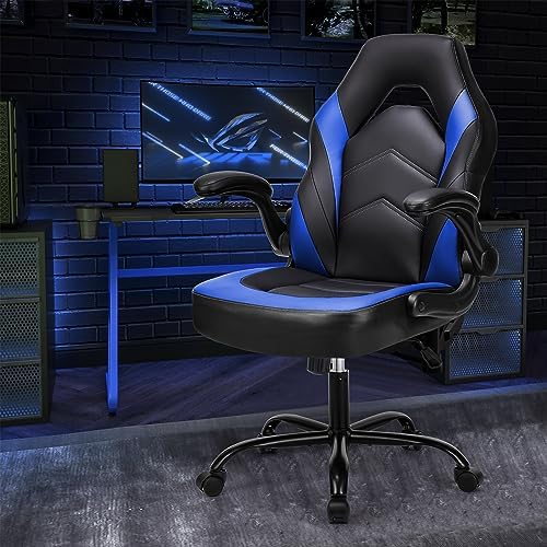 NEWBULIG Gaming Office Computer Chair – Ergonomic Mid-Back with Flip-Up Armrests, Adjustable Height, Lumbar Support & 360° Silent Swivel Wheels, PU Leather for Home/Office, Blue