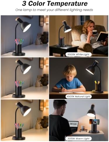 LED Desk Lamp for Home Office, Table Lamp with Pen Holder, 3 Color Modes Reading Light, Eye-Caring Desk Light with Gooseneck, Metal Study Lamp for Dorm Bedside Bedroom (Black Lamp)