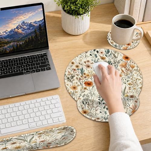 Vintage Flowers Keyboard Wrist Rest Pad Ergonomic Mouse Pad Set,Boho 3 in 1 Memory Foam Mouse Pad with Non Slip Base for Office and Home