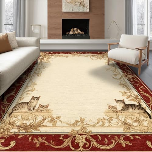 6'x9' Ivory Cat Crimson Motif with Swirls Washable Area Rug