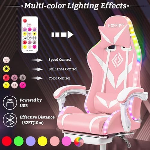 HOFFREE Gaming Chair with LED RGB Lights Massage Ergonomic Video Game Chairs with Footrest High Back Reclining Computer Chair with Adjustable Lumbar Support Pink and White