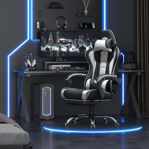 Yaheetech Gaming Chair with Footrest Massage Lumbar Pillow Black and White