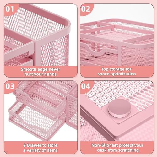Marbrasse Mesh Desk Organizer, Pen Organizer with 2 Drawer, Multi-Functional Pencil Holder, Desk Organizers and Accessories with 5 Compartments + Drawer for Office Art Supplies (Pink)