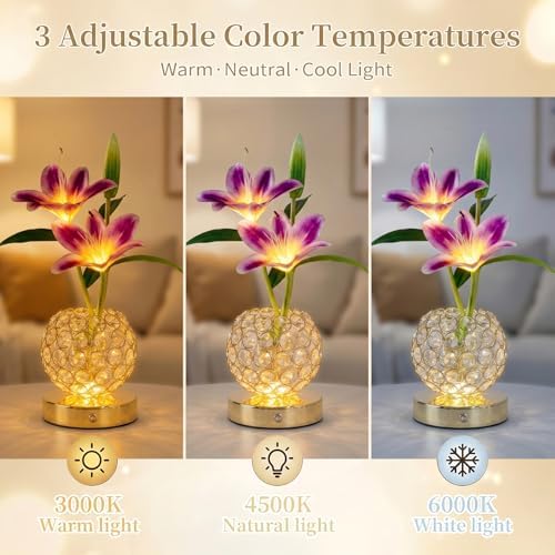 Stargazer Lily Flowers Table Lamp, Rechargeable Cordless Touch Crystal Lamp with 3 Color Modes, Easter Lily Night Light for Bedroom Kitchen Office Decor, Birthday Mothers Day Gifts for Women Mom