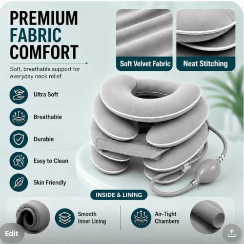 Inflatable Neck Stretcher Cervical Traction Device with 3 Layer Adjustable Pillow - Ergonomic Cervical Neck Pillow for Pain and Stress Relief, Posture Support, Relaxation, Decompression Home Use
