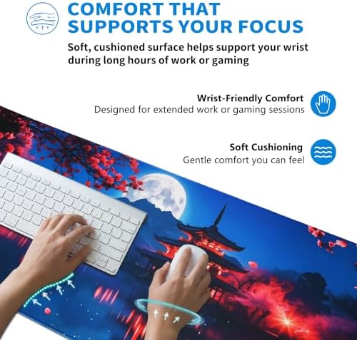 Extended Japanese Nightscape Desk Mat, XL Large Gaming Mouse Pad, Sakura Pagoda Moon Stitched Edges Waterproof with Non-Slip Rubber Base for Computer Keyboard Laptop Work Home Office 31.5"x11.8"
