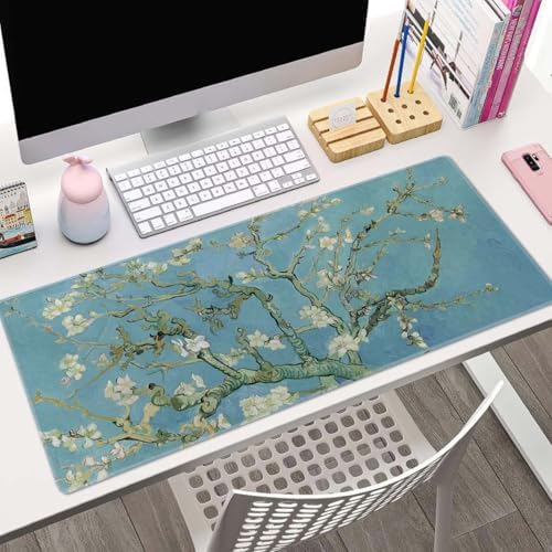 Gaming Mouse Pad, Large Mouse Pads for Desk, Non-Slip Rubber Base Mousepad, Keyboard Mouse Mat Desk Pad with Stitched Edges, 31.5x11.8 inch Vincent Van Gogh Almond Blossom