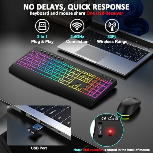 Wireless Keyboard and Mouse Combo, 9 Backlit Effects, 4000mAh Rechargeable Backlit Keyboard with Wrist Rest, 6 Button Mouse, 2.4G Full Size Quiet Keyboard Set for Computer, PC, Laptop, Mac, Windows