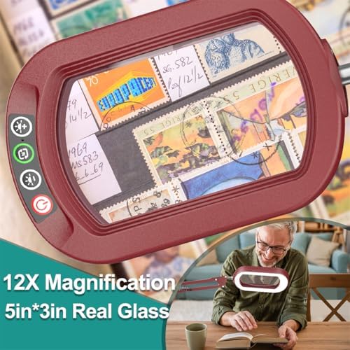 IVMAIE 12X Rectangle Magnifying Glass with Light, 5 Color Modes Stepless Dimmable Magnifier with Stand, LED Lighted Clamp Desk Lamp with Swing Arm, Hands Free for Reading Painting Close Work - Red