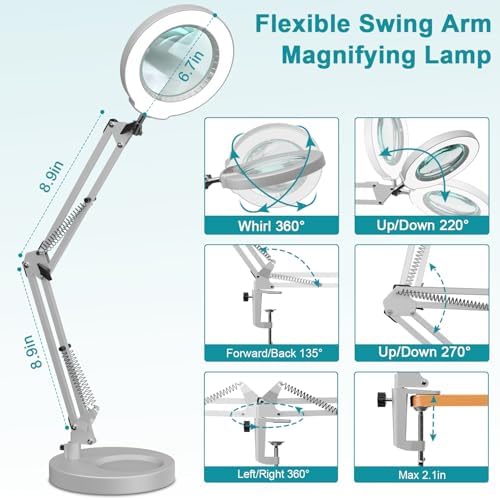 12X Magnifying Glass with Light and Stand, 5 Color Modes, Brightness Stepless Dimmable LED Lighted Magnifier Hands Free, 2-in-1 Desk Lamp & Clamp Light, Magnifier Lamp for Crafts - Silvery