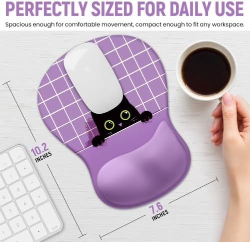 Ergonomic Mouse Pad with Wrist Rest, Gel Wrist Support, Purple Cat