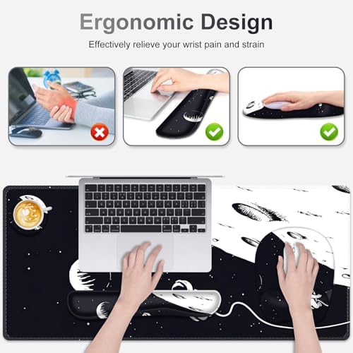 Large Mouse Pad, Keyboard Wrist Rest Set, Ergonomic, Non-slip, Washable, Wrist Support, Waterproof, 35.4 x 16 inches, Space Astronaut