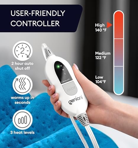 GENIANI XXL Heating Pad for Back Pain & Menstrual Pain Relief, Electric Throw Auto Shut Off, Machine Washable, Moist Heat Pad for Neck and Shoulder, Cramps Relief, Aqua Blue 18'‘×26’’