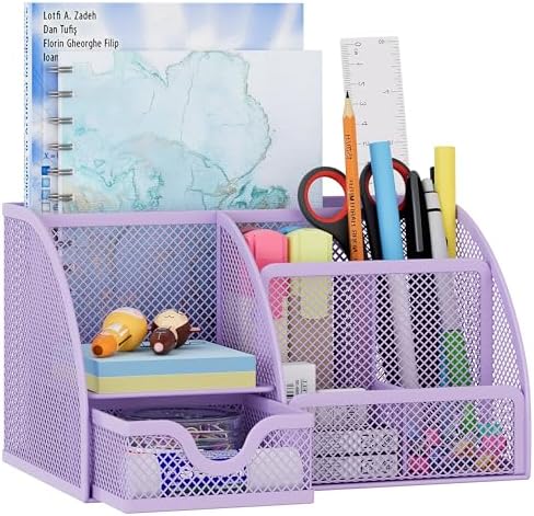 EasyPAG Mesh Desk Organizer with Drawer Multi-functional Pen Holder Stationery Organizer for Office School Supplies 6 Compartments Dorm Organizers and Storage for Desk, Light Purple