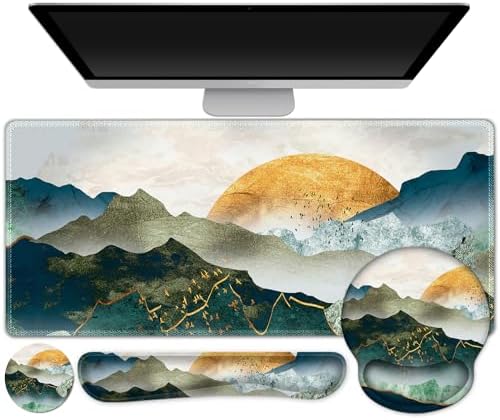 Gaming Mouse Pad, Large Desk Mat, Cute Desk Pad Protector, 4in1 XXL Mousepad +Keyboard Wrist Rest+Mouse Wrist Rest+Coaster Set with Ergonomic Desk Pad for Home Office Table Computer Green Mountain